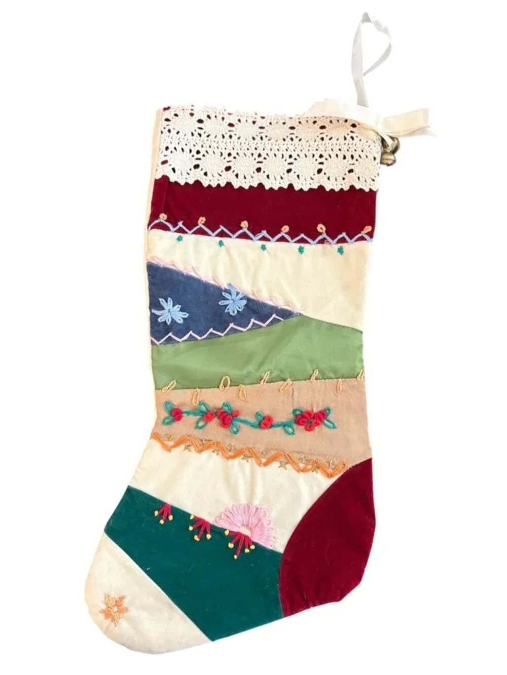 Vintage Crazy Quilt Victorian Style Embroidered Christmas Stocking With Bells 17